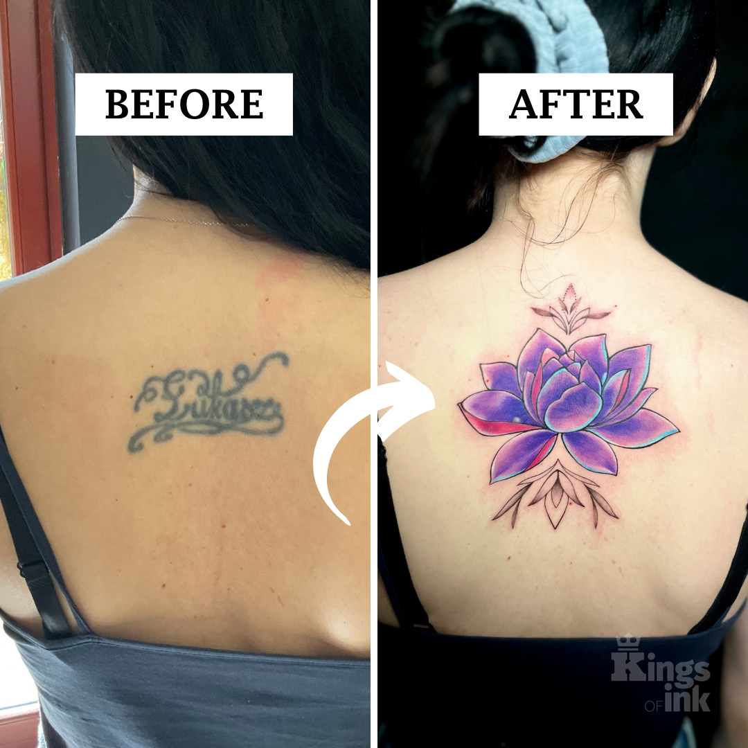 Cover tatuażu przedstawiający przed imię męskie, po kwiat lotosu.