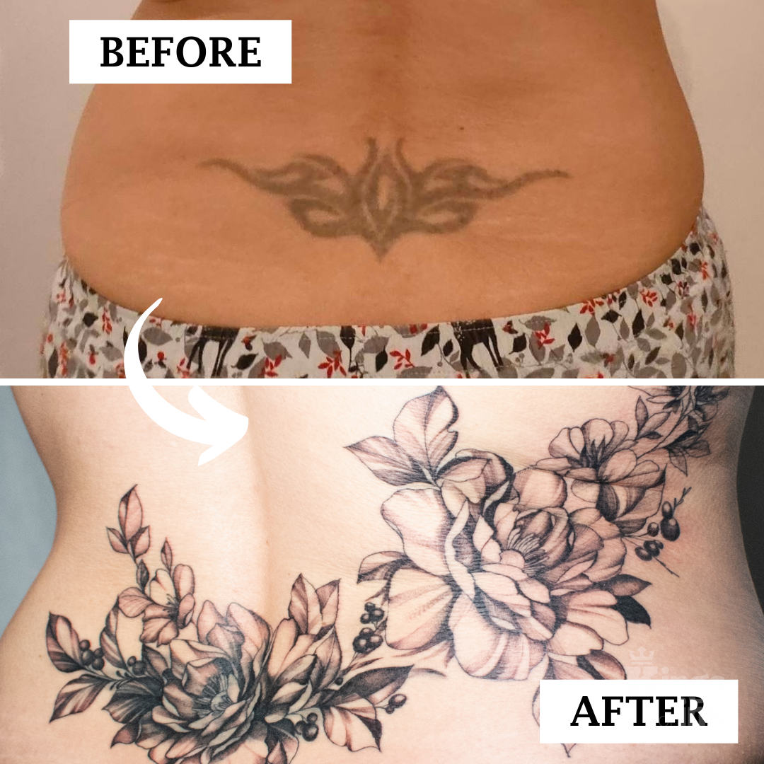 Cover tatuażu z tribalu na kompozycję piwoni z liśćmi.