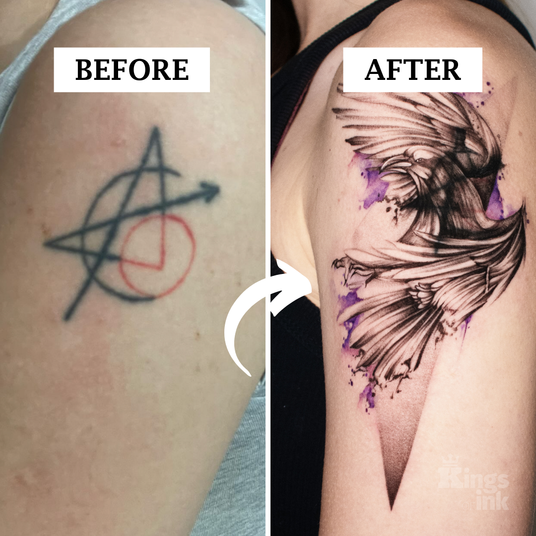 Cover tatuażu z figur geometrycznych na ptaka na fioletowym tle.